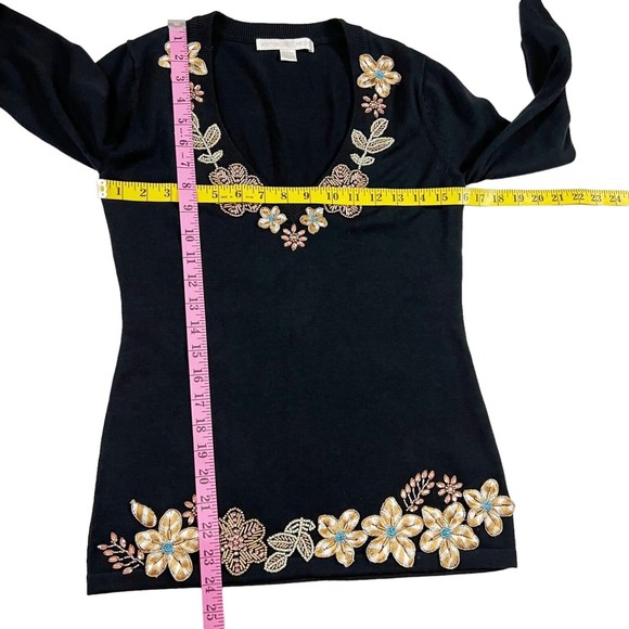 Boston Proper Black Beaded Embroidered Floral V Neck Sweater XS So Soft! - Picture 12 of 14
